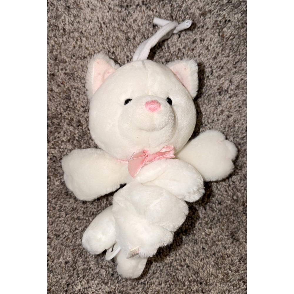 Dakin White Kitty Cat Musical Baby Crib Pull Toy Plush Stuffed Animal Lovey pink